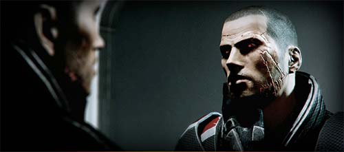 A scarred male Shepherd looking at himself in the mirror