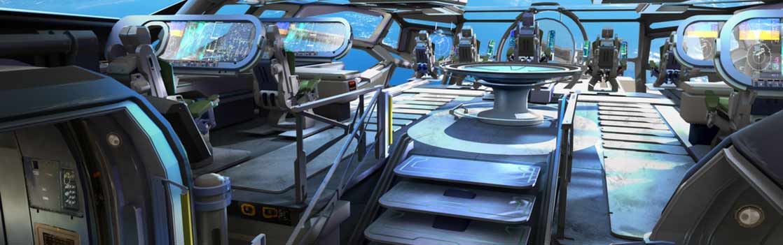 View from the bridge of a frigate spaceship